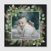 Happy Holidays Photo Wreath Greenery Magnetic Card (正面)