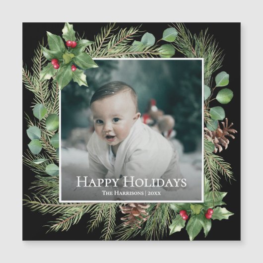 Happy Holidays Photo Wreath Greenery Magnetic Card (正面)