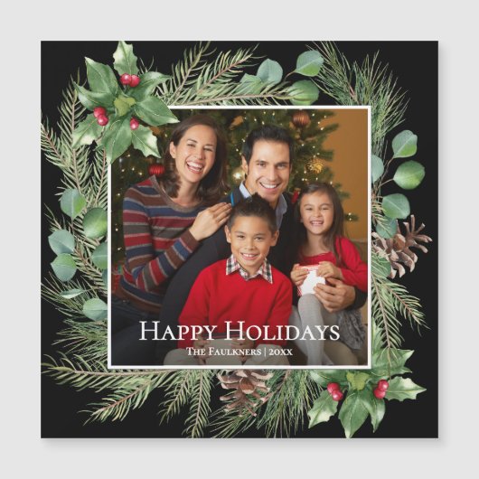 Happy Holidays Photo Wreath Greenery Magnetic Card (正面)