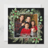 Happy Holidays Photo Wreath Greenery Square Card (正面)