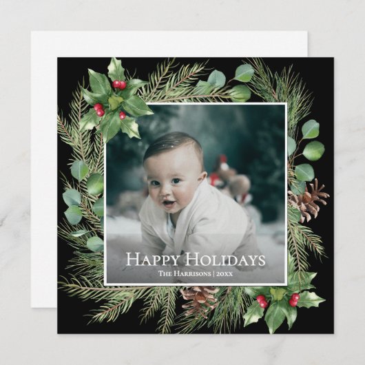 Happy Holidays Photo Wreath Square Christmas Card (正面/裏面)