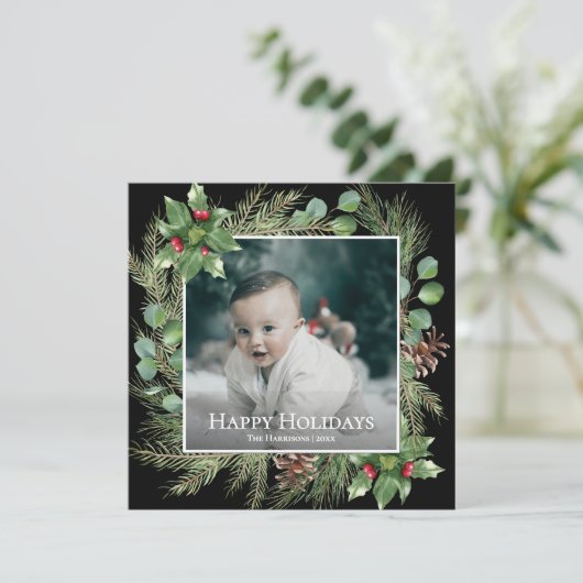 Happy Holidays Photo Wreath Square Christmas Card (スタンド正面)