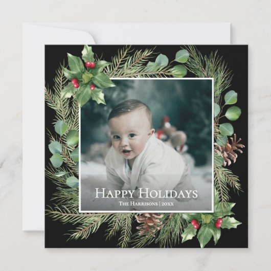 Happy Holidays Photo Wreath Square Christmas Card (正面)