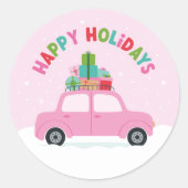 Happy Holidays Pink Car with Gifts in Pastel Pink ラウンドシール (正面)