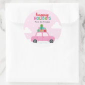 Happy Holidays Pink Car with Gifts in Pastel Pink ラウンドシール (バッグ)