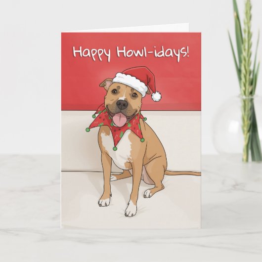 Happy Holidays Pit Bull Dog Drawing in Santa Hat シーズンカード (正面)