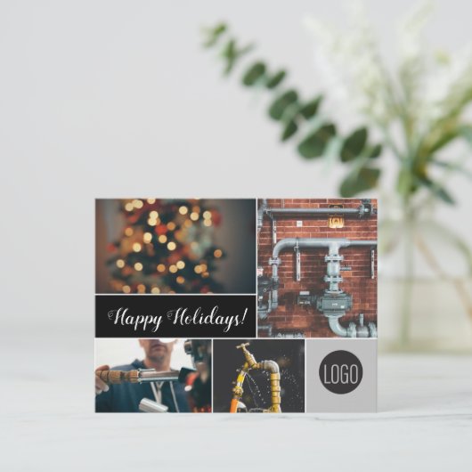 Happy Holidays Plumbing Businessのロゴと写真 シーズンポストカード (スタンド正面)