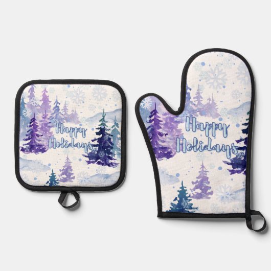 Happy Holidays Purple Winter Snowy Trees 鍋つかみ&鍋敷きセット (正面)