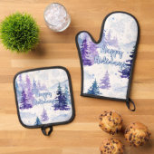 Happy Holidays Purple Winter Snowy Trees 鍋つかみ&鍋敷きセット (トップダウン)