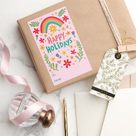 Happy Holidays Rainbow Cute CUSTOM TO FROM  長方形シール