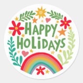 Happy Holidays Rainbow Cute Hand-drawn Colorful  ラウンドシール (正面)