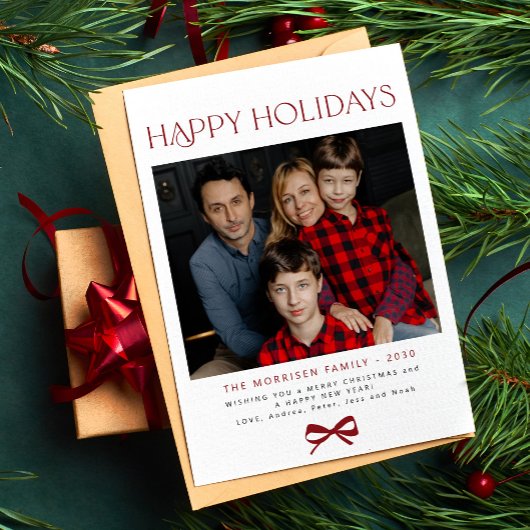 Happy Holidays red bow modern family photo シーズンカード