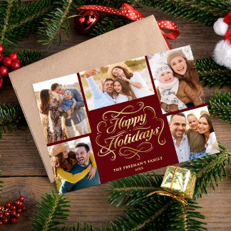 Happy Holidays Red & Gold 5 Photo Collage Card シーズンカード