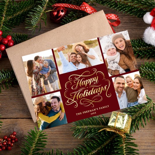 Happy Holidays Red & Gold 5 Photo Collage Card シーズンカード