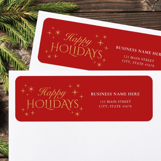 Happy Holidays Red Gold Business Return Address ラベル