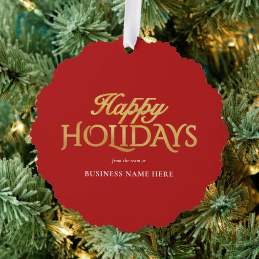 Happy Holidays Red Gold Elegant Modern Business オーナメントカード (インサイチュ (木))