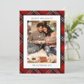 Happy Holidays Red Plaid Christmas Tartan Photo シーズンカード (スタンド正面)