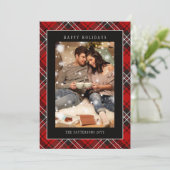 Happy Holidays Red Plaid Christmas Tartan Photo シーズンカード (スタンド正面)