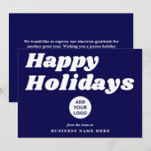 Happy Holidays Retro Groovy Blue Business Logo シーズンカード (正面/裏面)