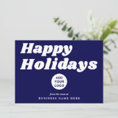 Happy Holidays Retro Groovy Blue Business Logo シーズンカード (スタンド正面)