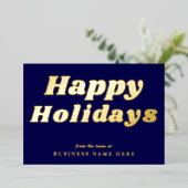 Happy Holidays Retro groovy Blue Gold Business 箔シーズンカード (立ち正面)