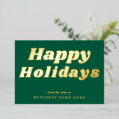 Happy Holidays Retro groovy Green Gold Business 箔シーズンカード (立ち正面)