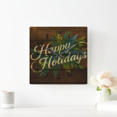 Happy Holidays Rustic Wooden Boards Painted Blue スクエア壁時計 (ホーム)