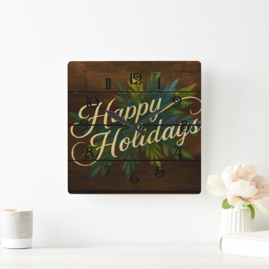 Happy Holidays Rustic Wooden Boards Painted Blue スクエア壁時計 (ホーム)