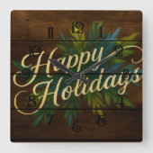 Happy Holidays Rustic Wooden Boards Painted Blue スクエア壁時計 (正面)
