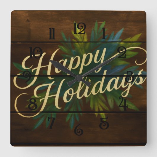 Happy Holidays Rustic Wooden Boards Painted Blue スクエア壁時計 (正面)