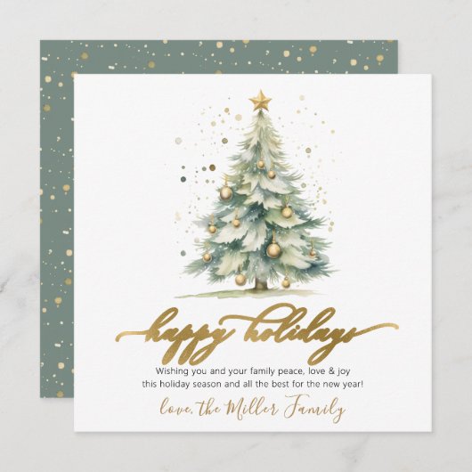 Happy Holidays Script Christmas Tree Non Photo シーズンカード (正面/裏面)