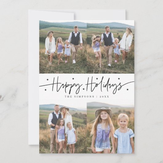 Happy Holidays Script White Multi Photo シーズンカード (正面)