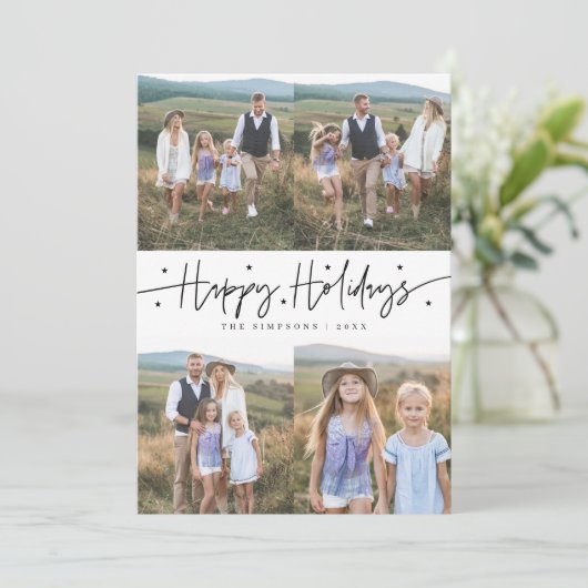 Happy Holidays Script White Multi Photo シーズンカード (スタンド正面)