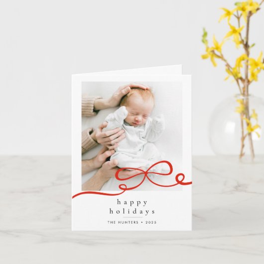 Happy Holidays Simple Red Ribbon Photo Folded カード (黄色い花)