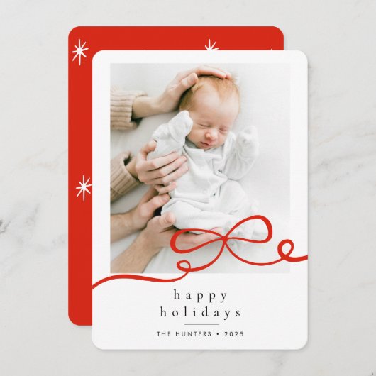 Happy Holidays Simple Red Ribbon Photo Rounded シーズンカード (正面/裏面)