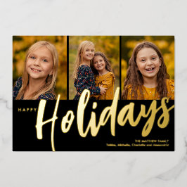 Happy Holidays Three Photo Foil Holiday Card 箔シーズンカード