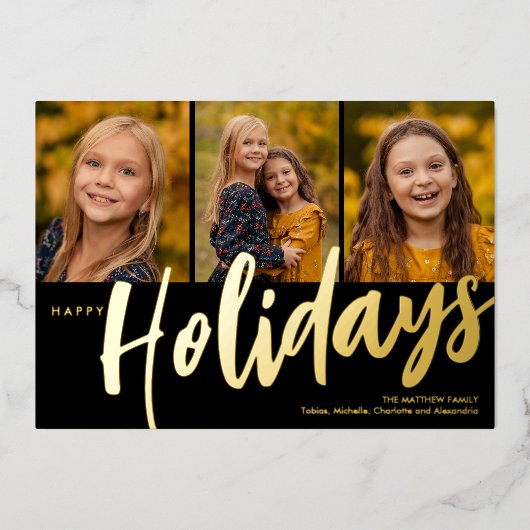 Happy Holidays Three Photo Foil Holiday Card 箔シーズンカード (正面)