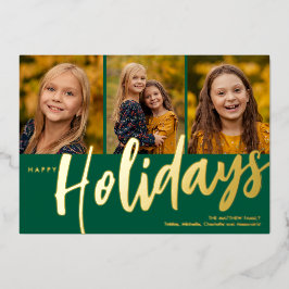 Happy Holidays Three Photo Foil Holiday Card 箔シーズンカード