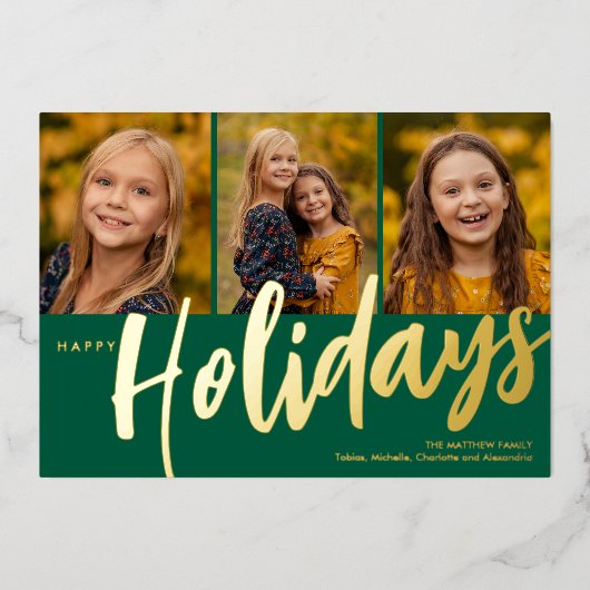 Happy Holidays Three Photo Foil Holiday Card 箔シーズンカード (正面)