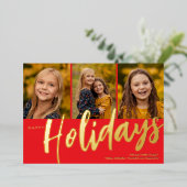 Happy Holidays Three Photo Foil Holiday Card 箔シーズンカード (立ち正面)