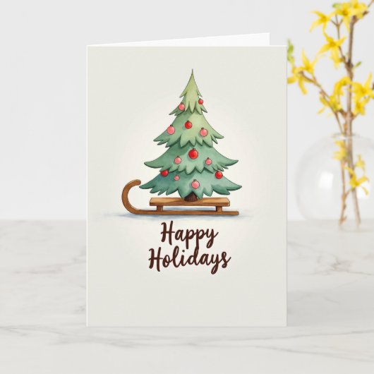 Happy Holidays Tree on Sled Card カード (黄色い花)