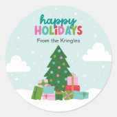 Happy Holidays Tree with Gifts in Aqua Blue ラウンドシール (正面)