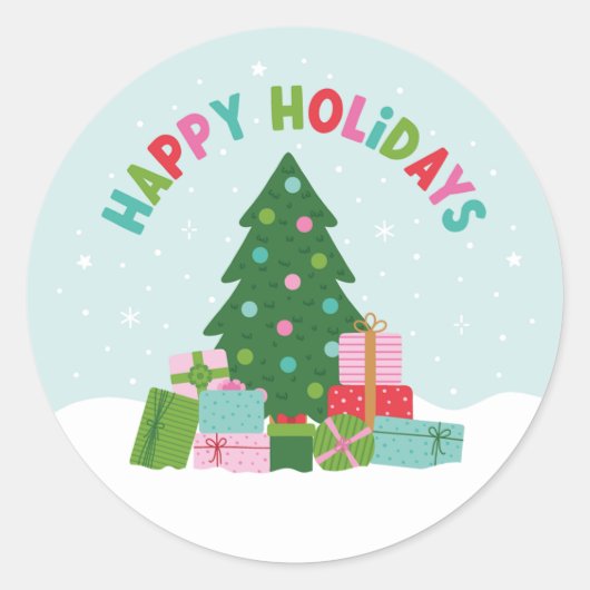 Happy Holidays Tree with Xmas Gifts in Aqua Blue ラウンドシール (正面)
