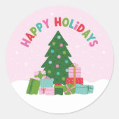 Happy Holidays Tree with Xmas Gifts in Pastel Pink ラウンドシール (正面)