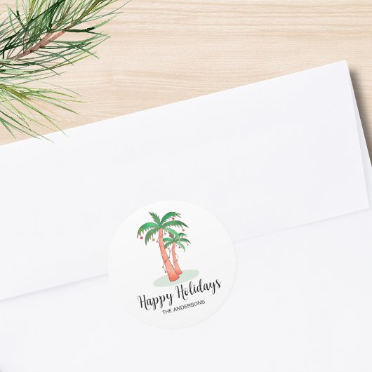 Happy Holidays Tropical Palm Tree Christmas ラウンドシール