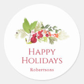 Happy Holidays Watercolor Berry Branch ラウンドシール (正面)