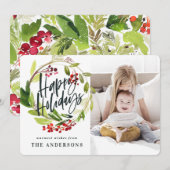 Happy Holidays watercolor floral photo シーズンカード (正面/裏面)