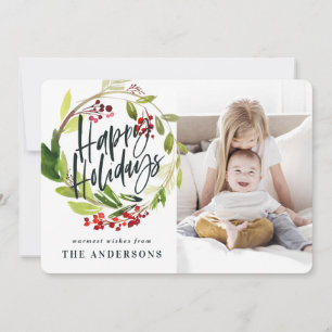 Happy Holidays watercolor floral photo シーズンカード