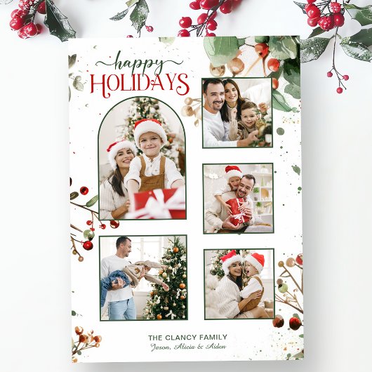 Happy Holidays Watercolor Holly Botanical 5 Photo シーズンカード