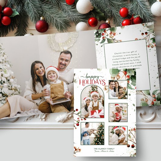 Happy Holidays Watercolor Holly Botanical 5 Photo 三つ折りカード